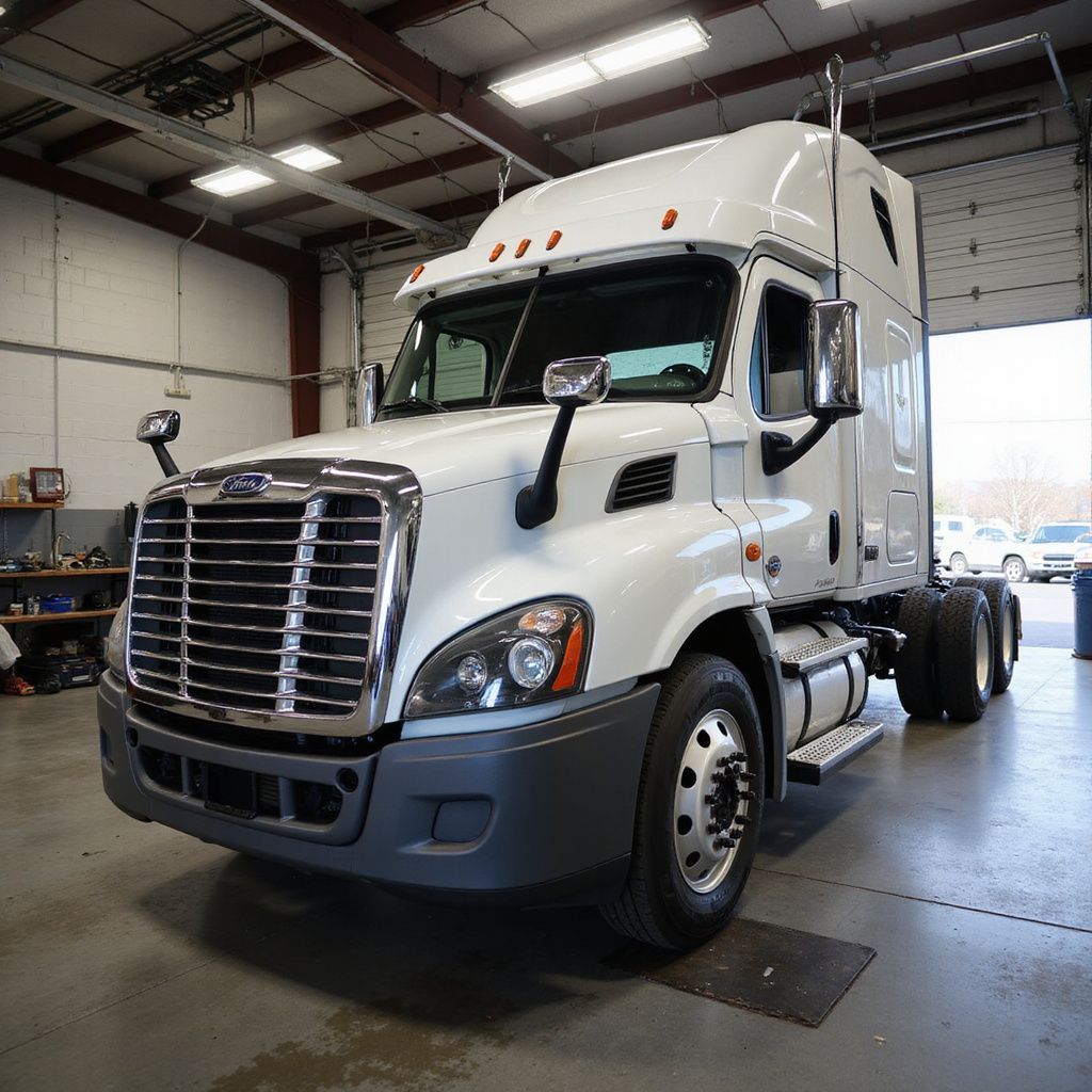 White semi-truck parked inside a garage. The front grill is chrome, the tires are black, and the building is brightly lit.