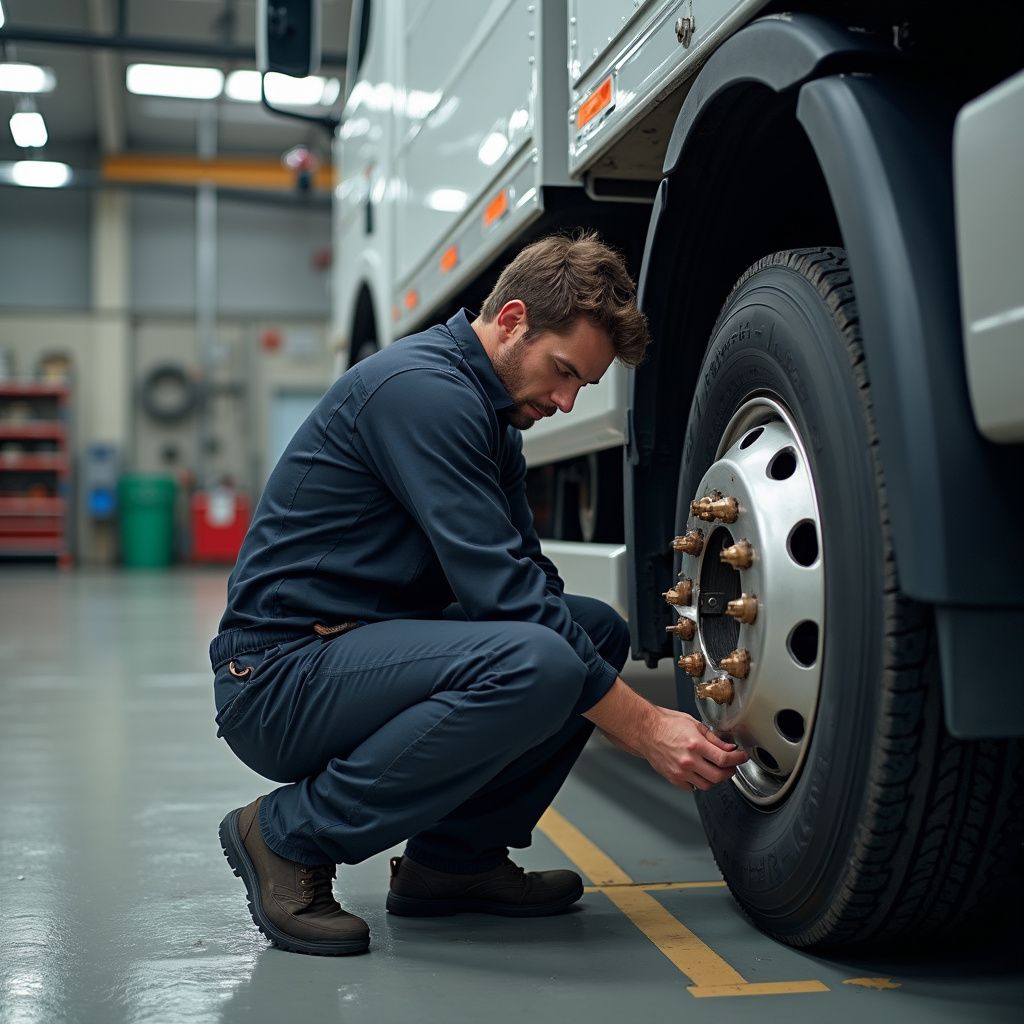 Mechanic checking tire of a large truck in a garage.