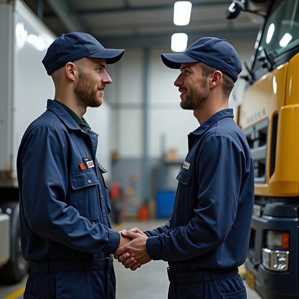 Two workers in blue uniforms shake hands in a vehicle repair shop.