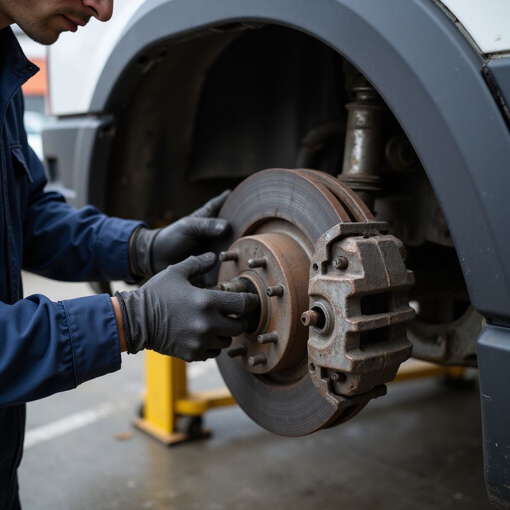 Mechanic in blue jumpsuit, black gloves, working on a vehicle's brake disc, outside.