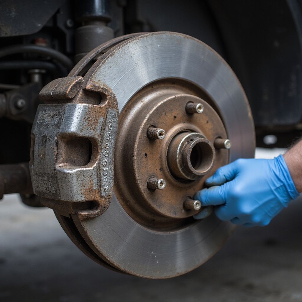 Close-up of car brake rotor with a hand in a blue glove tightening bolts.