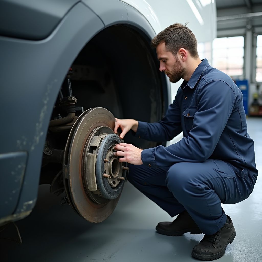 Mechanic in blue coveralls crouches by vehicle wheel, examining brake rotor. Garage setting.