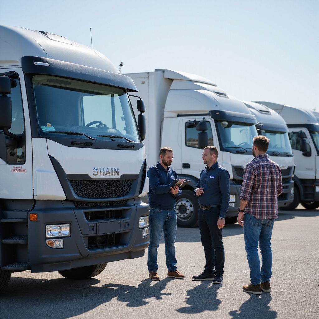 Men standing near trucks, discussing. Outdoors, sunny day.