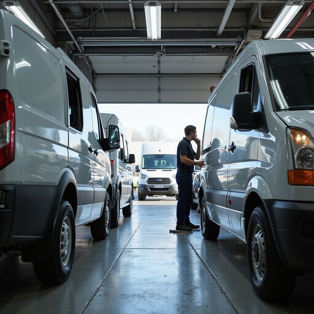 Person examining delivery vans in a garage. Several vans lined up inside, with a light source visible in the distance.