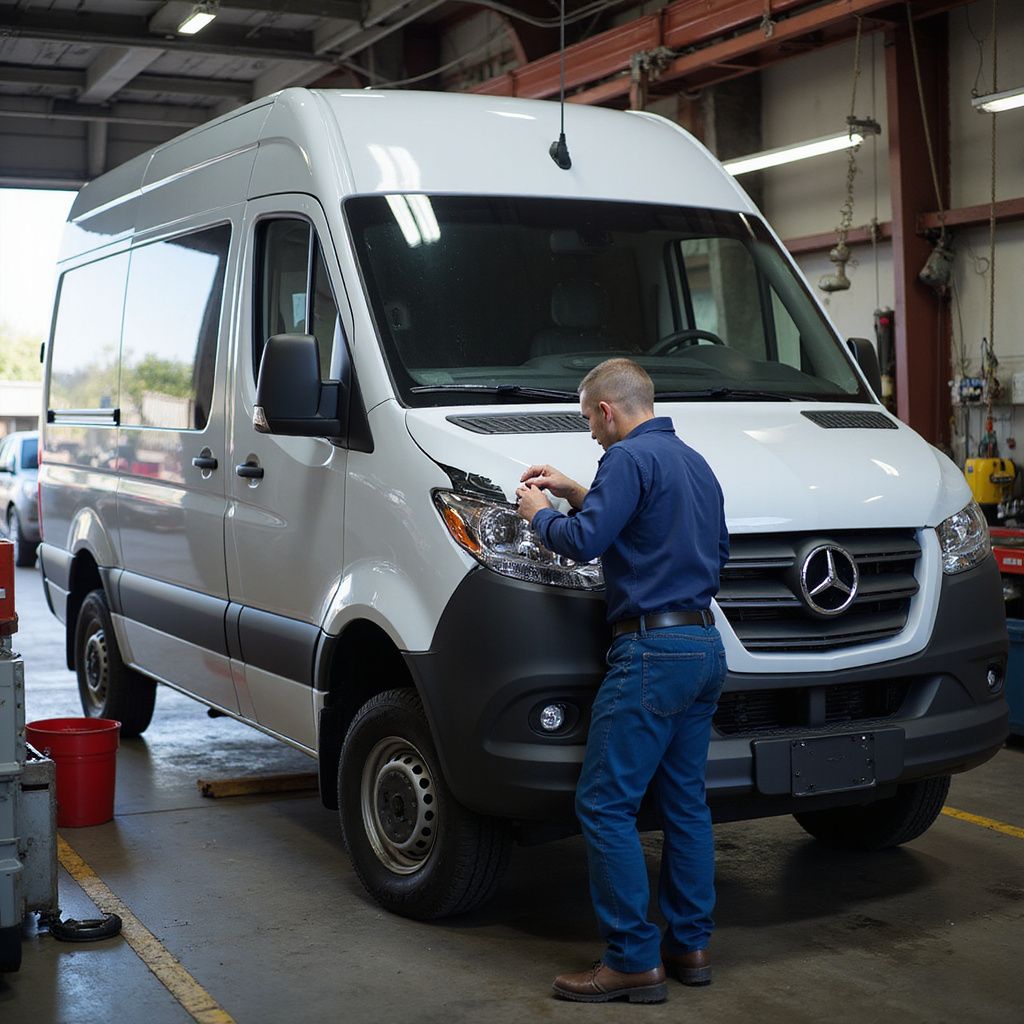 Mechanic inspecting a white Mercedes-Benz van in a garage.