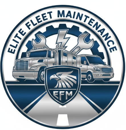 Elite Fleet Maintenance logo featuring a truck, van, tools, lightning, and an eagle, on a road.