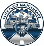 Elite Fleet Maintenance logo featuring a truck, van, tools, lightning, and an eagle, on a road.