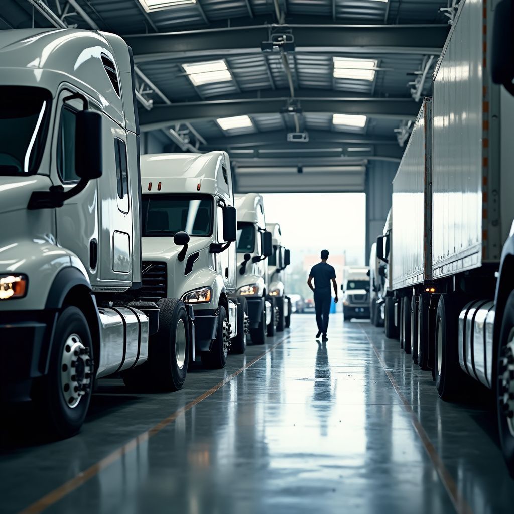 Fleet of Commercial Trucks parked at Distribution Center