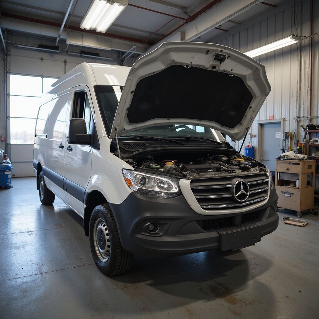 White Mercedes Sprinter van with hood open in a garage.
