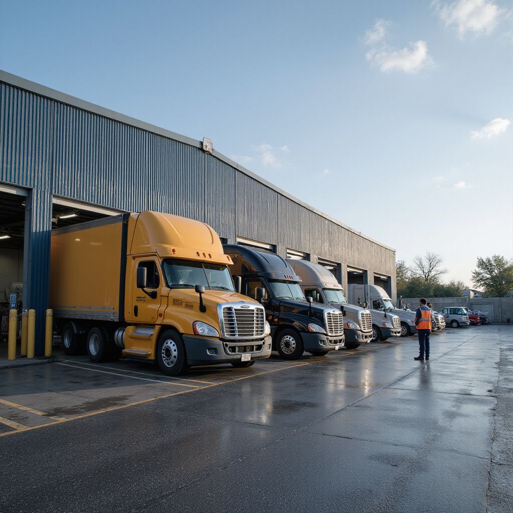 Trucks lined up at loading docks of a warehouse on a sunny day; worker in orange vest.