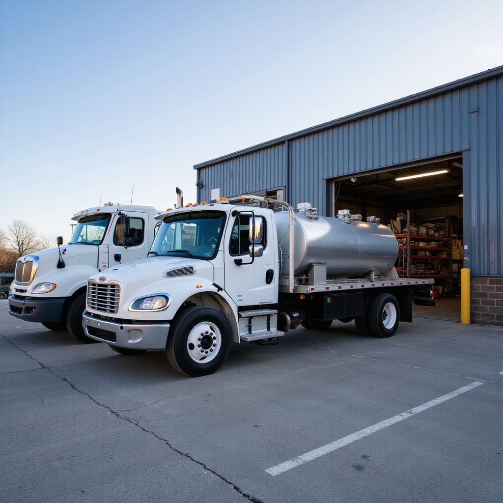 Two white septic service trucks parked outside a metal-sided building.