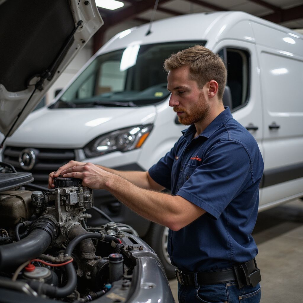 Mechanic working on a car engine with a white van in the background.