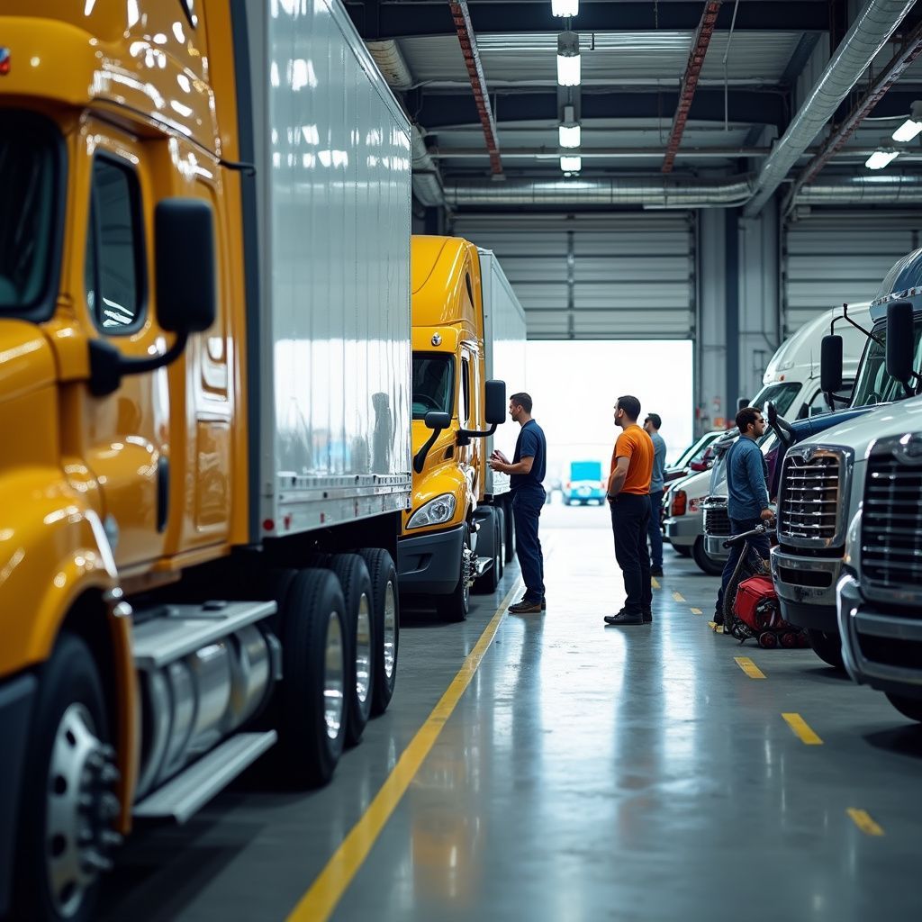 Semi-trucks lined up inside a warehouse; workers converse near open bay doors.