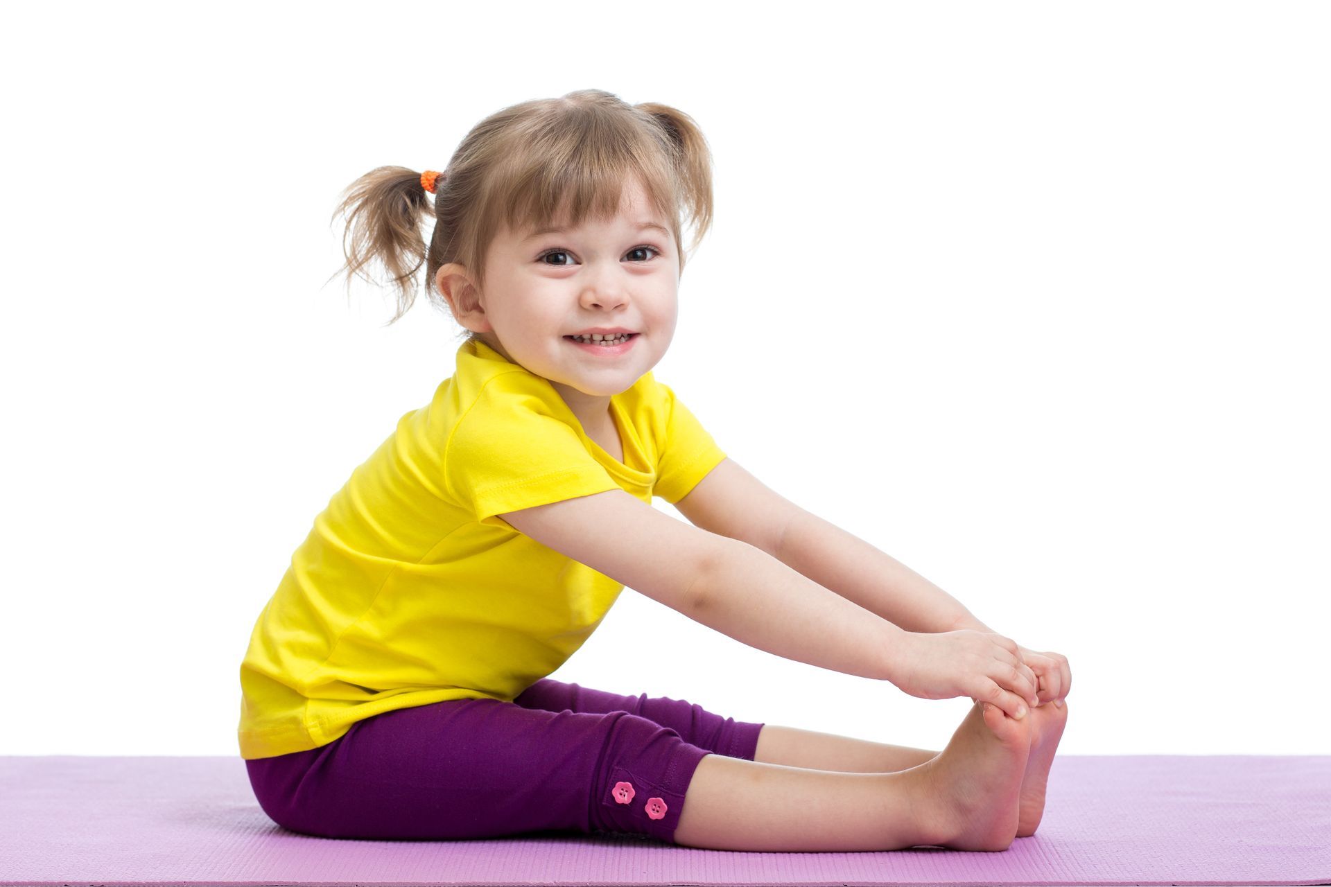 A gymnast in a purple leotard is standing on a balance beam