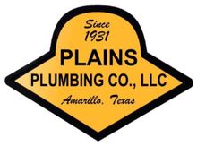 Logo for Plains Plumbing Co., LLC in Amarillo, Texas. Yellow diamond with black border, text in black.