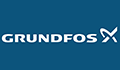 Grundfos logo with white text on a dark blue background.