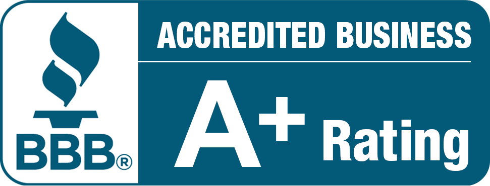 BBB Accredited Business logo with an A+ Rating, on a blue background.