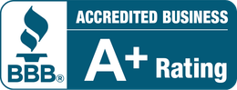 BBB Accredited Business logo with an A+ Rating, on a blue background.