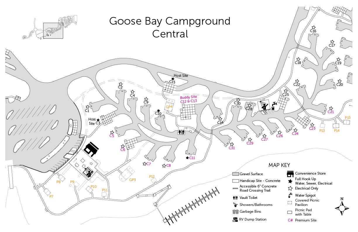 A black and white map of goose bay campground central
