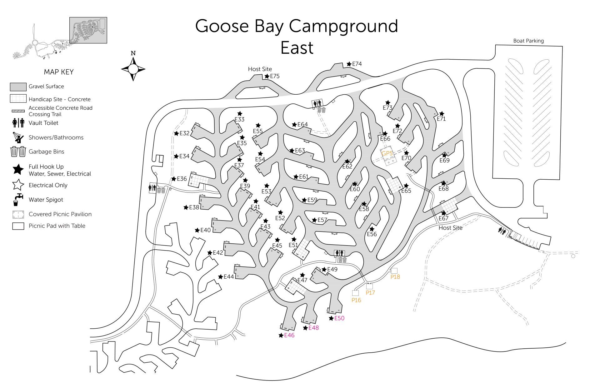A black and white map of goose bay campground east.