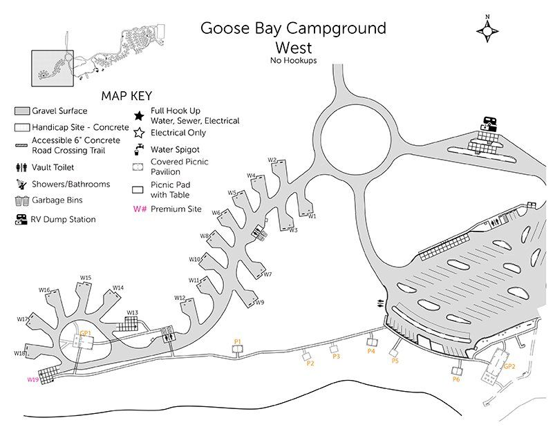A black and white map of goose bay campground west