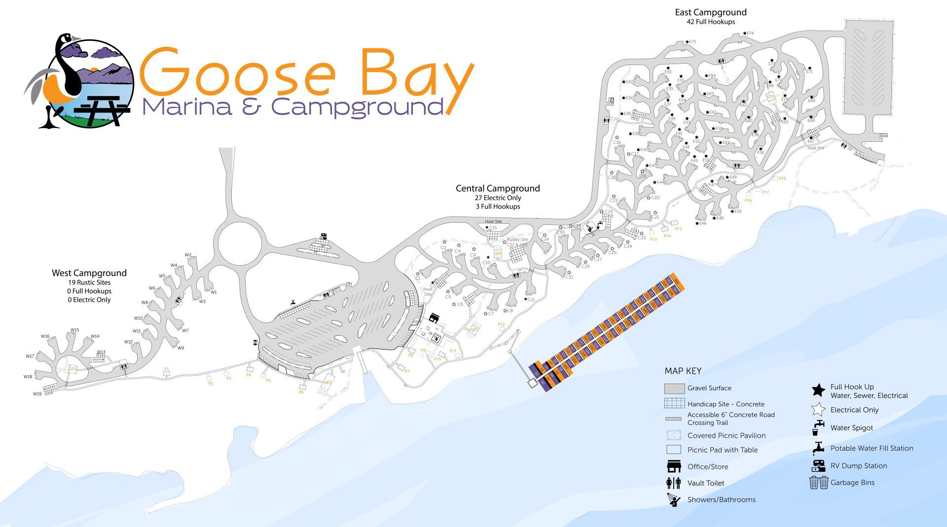 A map of the goose bay marina and campground