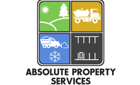 Logo for Absolute Property Services with a square divided into four sections: landscape, dump truck, snow removal, and parking.