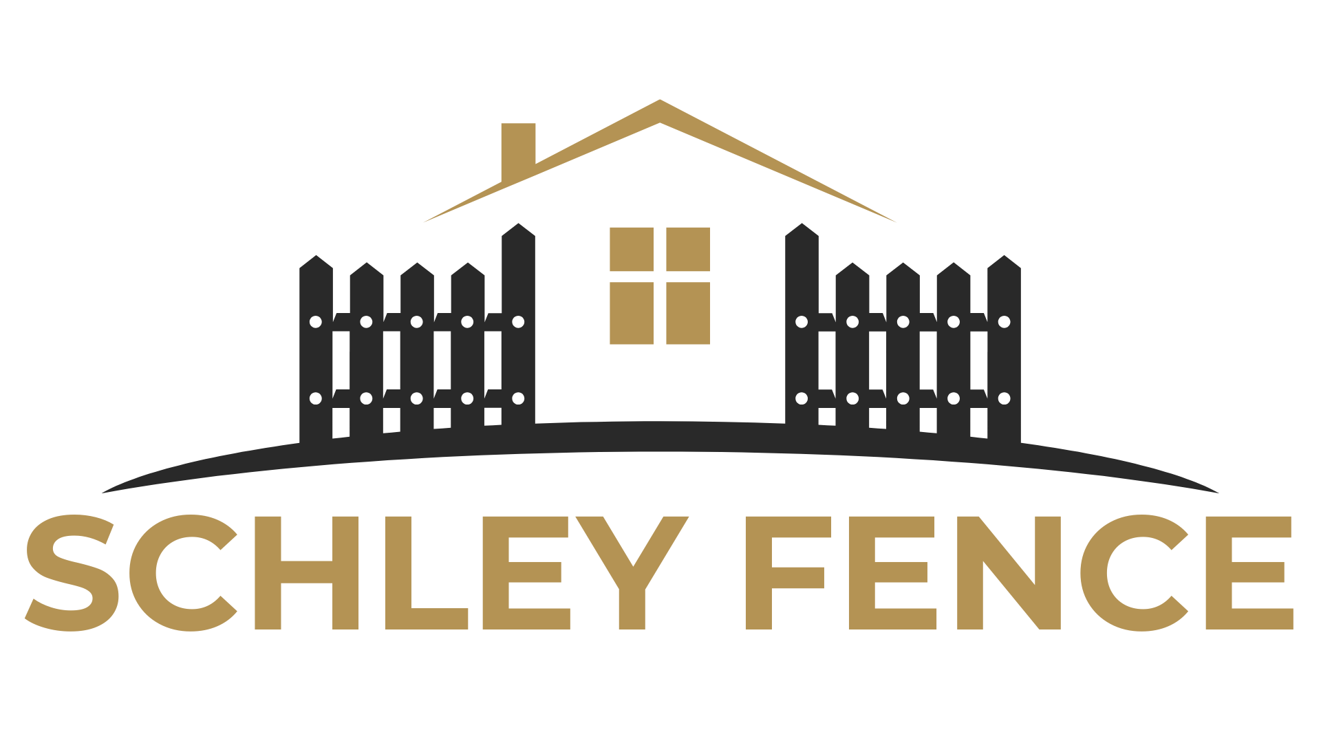 The logo for schley fence shows a house and a fence.