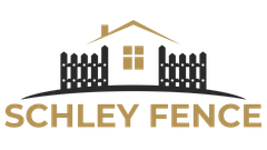 The logo for schley fence shows a house and a fence.