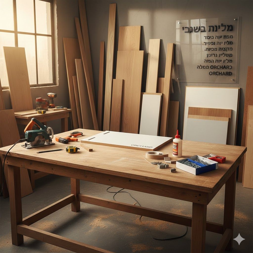 סדנת נגרות מקצועית של הקול בנגר עם פלטות עץ חתוכות לפי מידה, דלתות Orchard, כלי עבודה וציוד לעבודות נגרות בשיטת עשה זאת בעצמך (DIY).