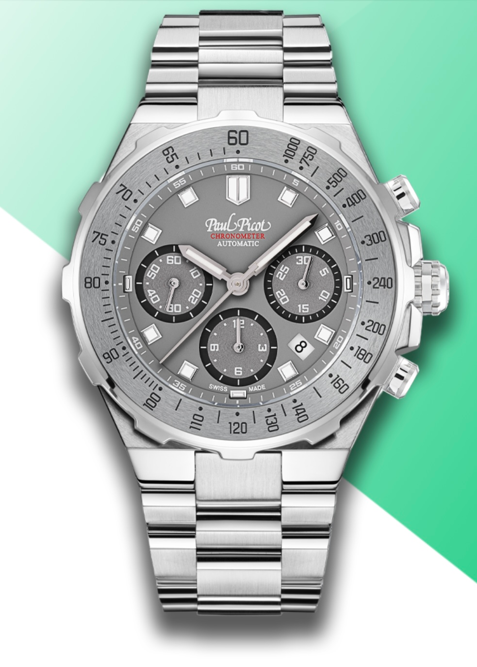 Un orologio d'argento con il quadrante grigio