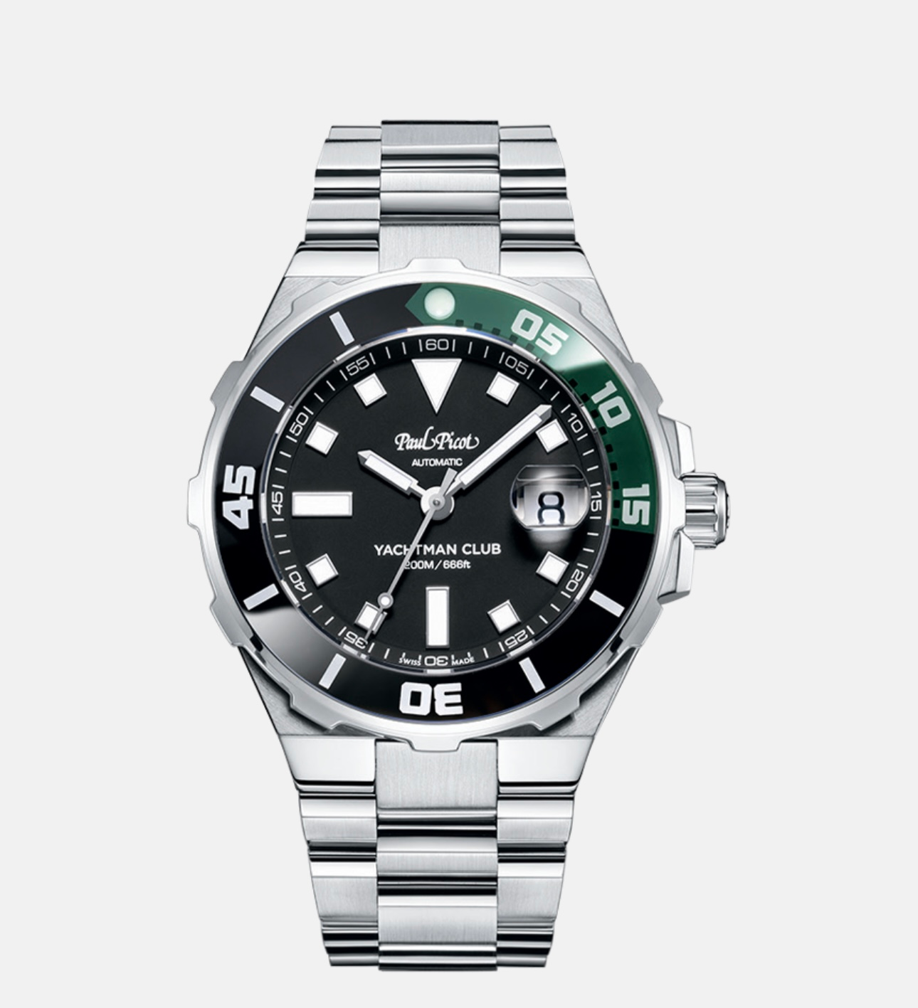 Un orologio d'argento con il quadrante nero e le lancette verdi