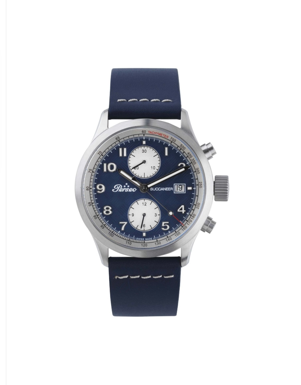 Un orologio con cinturino blu e quadrante argentato 