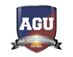 The logo for the auto glass university is a shield with a ribbon around it.