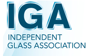 The logo for the independent glass association is blue and white.