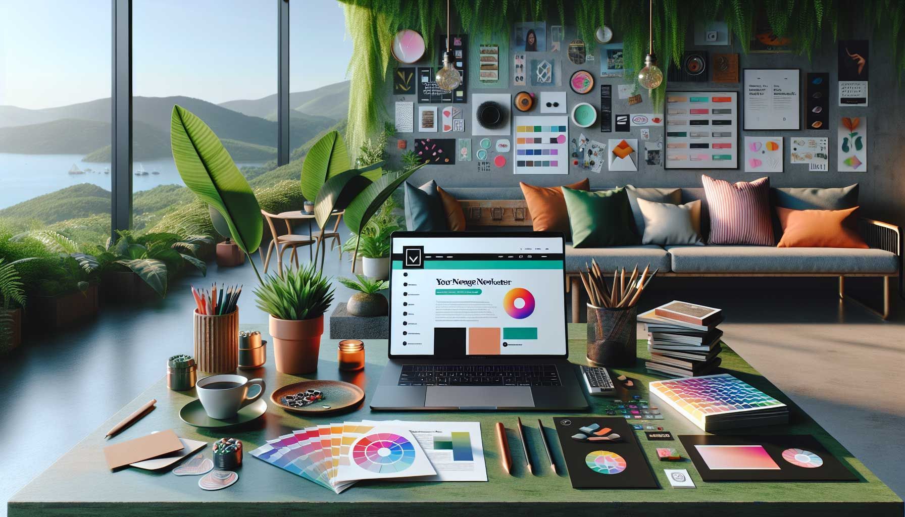 A beautifully designed landscape image featuring a modern workspace with a laptop open to a colorful newsletter template, surrounded by vibrant branding materials like stickers, business cards, and color swatches. The background includes a lush green plant and a coffee mug, conveying a creative and inviting atmosphere. The workspace should reflect a blend of professionalism and creativity to appeal to retailers, marketers, and webshop owners, showcasing a holistic approach to aligning a newsletter with one's brand.