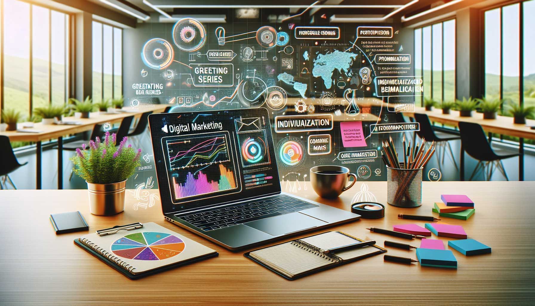 A visually striking landscape image depicting a modern digital marketing workspace, featuring a laptop displaying an email marketing dashboard with graphs and analytics, a cup of coffee, a notepad with strategies for welcome emails, and colorful sticky notes emphasizing "Welcome Sequence", "Personalization", and "Engagement". The background has a vibrant office space with plants and motivational quotes on the wall, reflecting a productive and creative environment for retailers and marketers. The overall feel should be professional yet inviting, showcasing the importance of tech and personal touch in digital marketing.