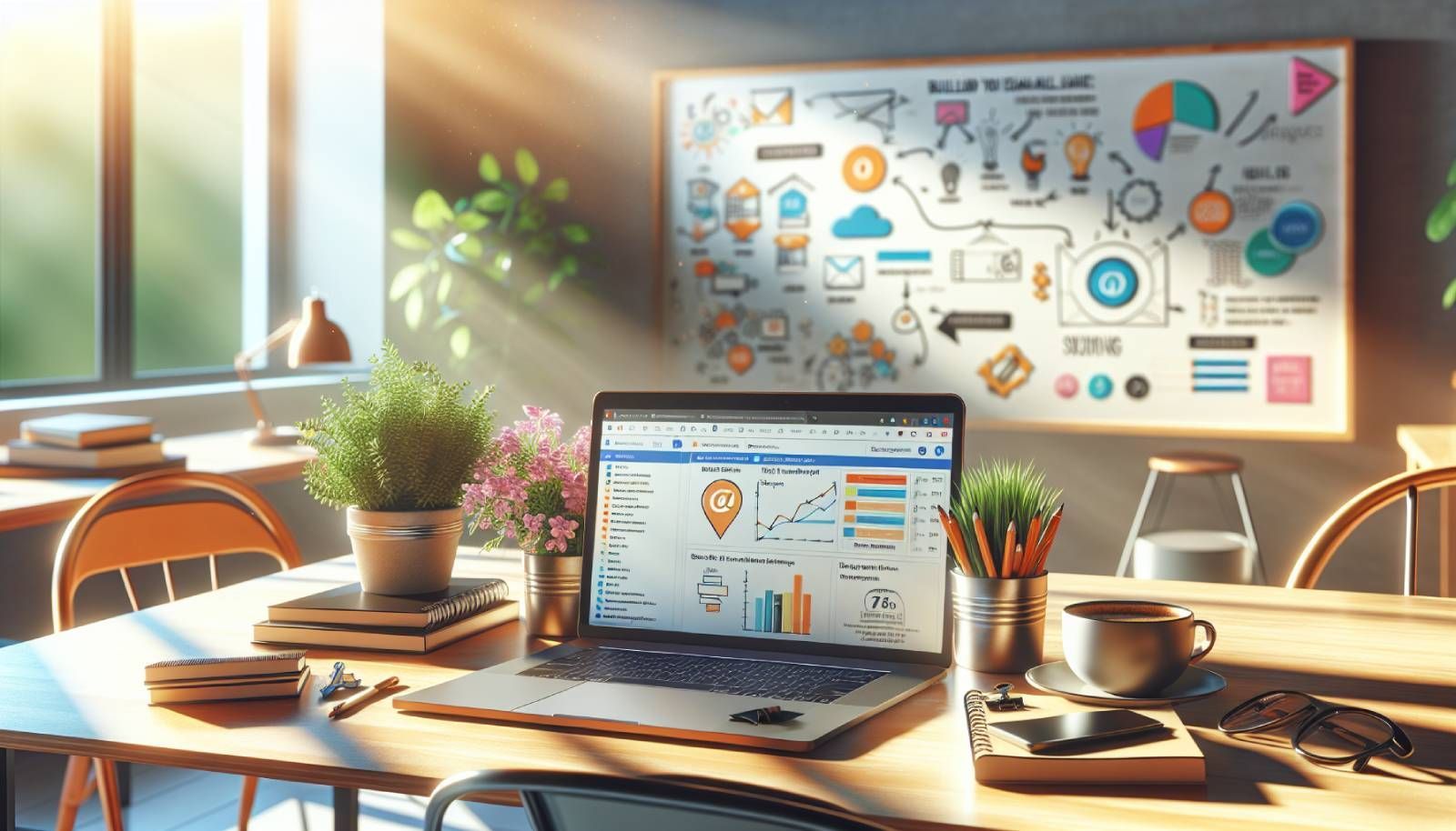 A visually appealing landscape image showing a modern workspace with a laptop displaying an email marketing dashboard, surrounded by notebooks, a cup of coffee, and potted plants. In the background, a whiteboard is filled with colorful diagrams and notes about building an email subscriber list. The atmosphere is bright and inspiring, conveying a sense of productivity and creativity, with soft sunlight filtering through a window. The overall composition is photo-realistic, emphasizing the educational nature of the content targeted at retailers, marketers, and webshop owners.