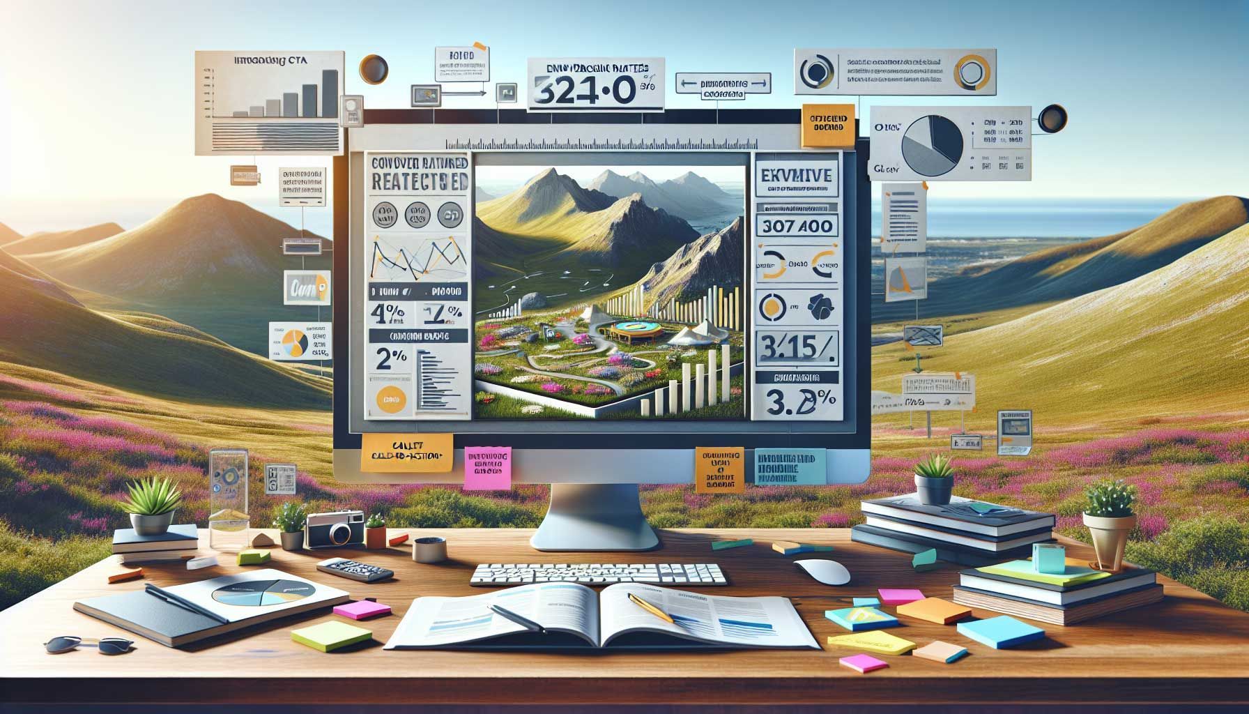 A visually striking landscape image depicting a modern digital workspace with a large, eye-catching call-to-action button in the foreground. The workspace features a sleek computer screen displaying vibrant graphs and metrics, symbolizing conversion rates improving with effective CTAs. The background includes a well-organized desk with marketing materials, colorful sticky notes, and a notepad with brainstorming ideas for CTAs. The overall aesthetic is professional and inviting, showcasing an atmosphere of creativity and focus, embodying the theme of educating retailers and marketers on crafting effective calls-to-action.