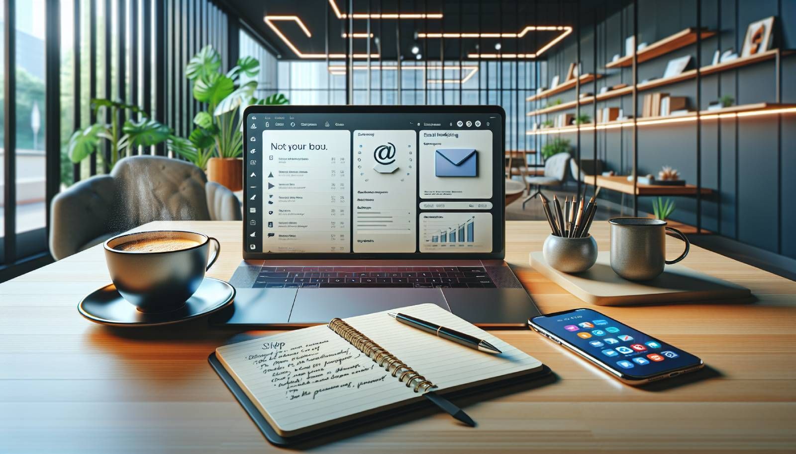 A photo-realistic depiction of a modern workspace featuring a laptop open to an email marketing platform, surrounded by a notepad with handwritten notes, a cup of coffee, and a smartphone displaying social media apps. The background shows a well-organized desk with vibrant greenery and natural lighting, conveying an inviting and productive atmosphere for retailers, marketers, and webshop owners learning about email marketing.