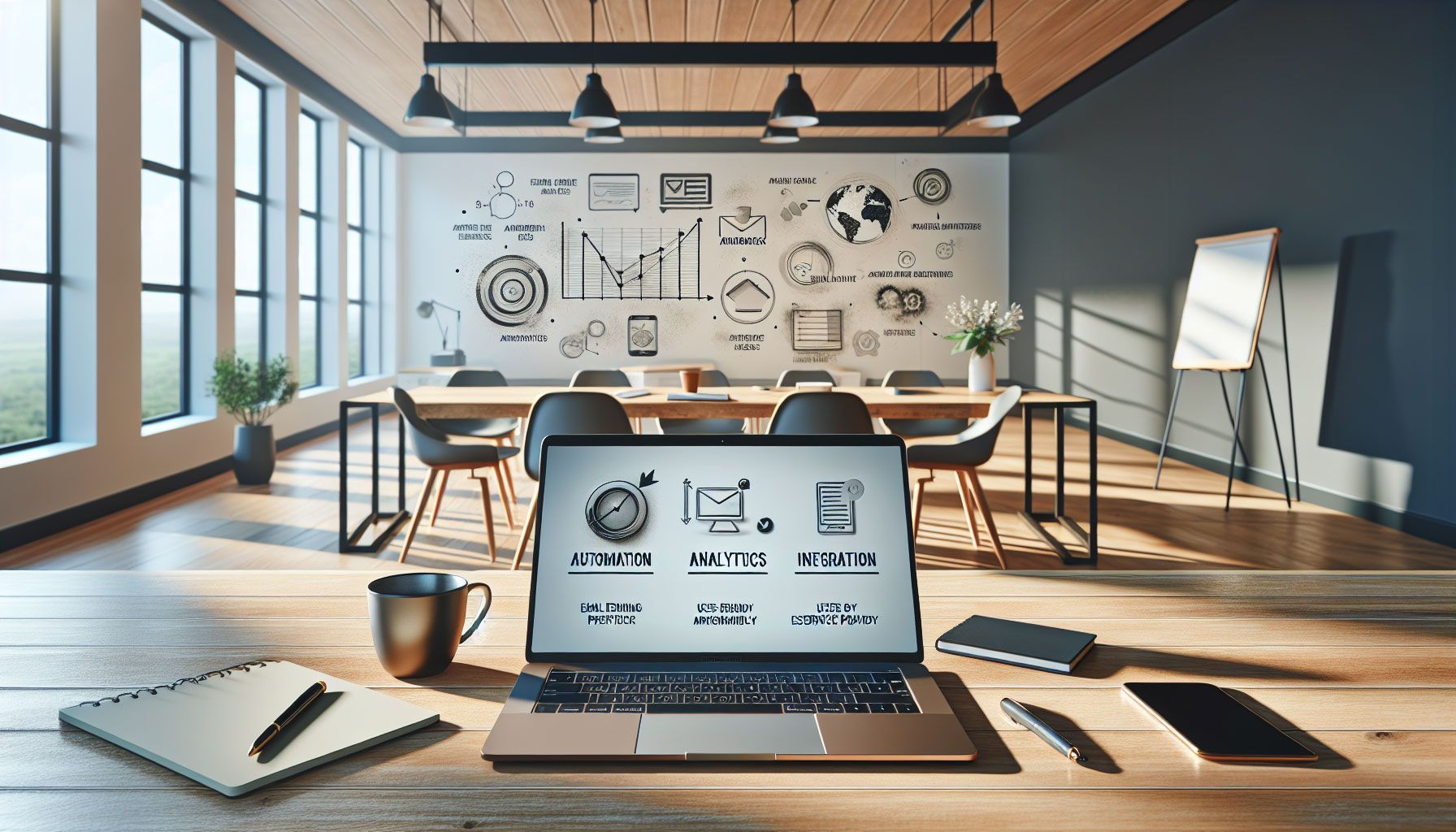 A photo-realistic image of a modern, user-friendly office environment with a laptop open displaying an email marketing dashboard. The scene includes a coffee cup, notepad, and smartphone on a wooden table. In the background, a whiteboard with features of an Email Service Provider (ESP) like "Automation," "Analytics," "Integration," and "User-Friendly" is visible. Soft, natural lighting illuminates the space, creating an inviting atmosphere for beginners in email marketing.