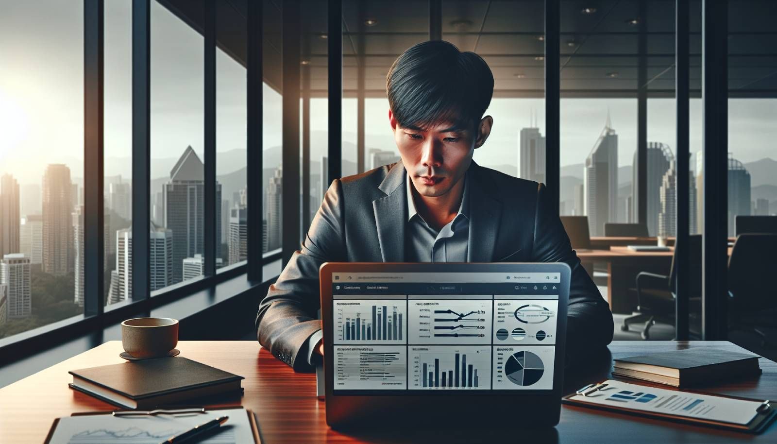 A professional marketer analyzing campaign data on a laptop, surrounded by charts and graphs displaying various metrics such as CTR and conversion rates. A modern office setting with large windows shows a city skyline in the background. The desk is organized with notepads, a coffee cup, and digital marketing books stacked neatly. The atmosphere is bright and focused, reflecting a strategic planning session dedicated to setting realistic expectations for a marketing campaign.