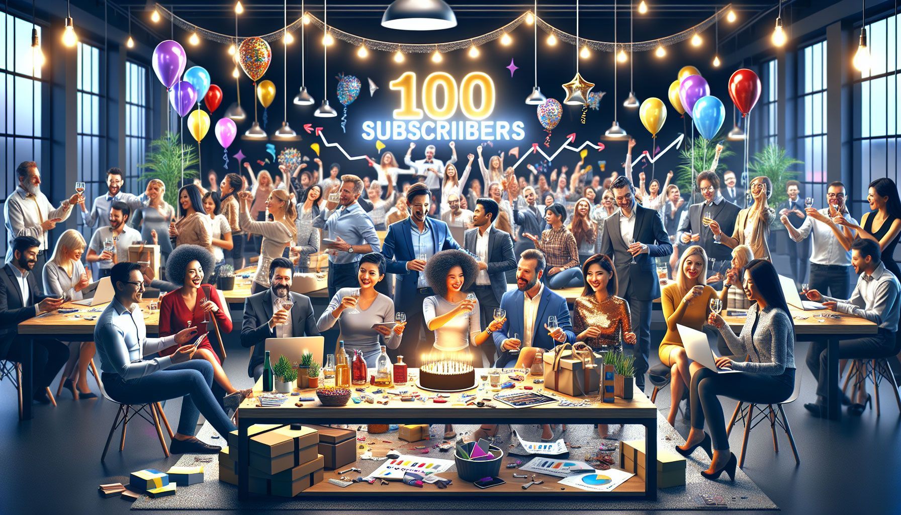 A celebratory scene depicting a diverse group of retailers and marketers gathered around a large milestone sign that reads "100 Subscribers!" The group is engaging with one another, some taking notes, while others toast with drinks. In the background, decorations such as balloons and streamers reinforce the festive atmosphere. On a table, there are promotional materials and digital devices showcasing graphs indicating subscriber growth. The setting is bright and filled with enthusiasm, with a modern office space feeling, emphasizing teamwork and success in online business.