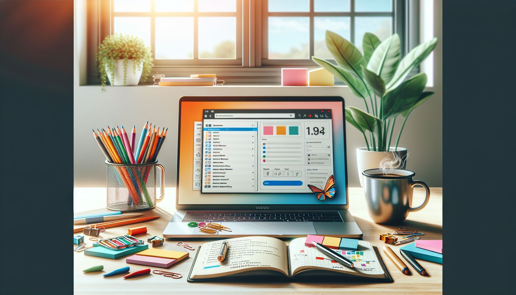 A vibrant, photo-realistic workspace scene depicting a modern desk with a laptop open to an email marketing platform interface, surrounded by colorful stationery, a cup of coffee, and a notepad with a content calendar. Include a background with a window showing a sunny day outside, and a potted plant adding a touch of greenery. The atmosphere conveys an educational and motivational vibe, illustrating the journey of creating a newsletter from the ground up.