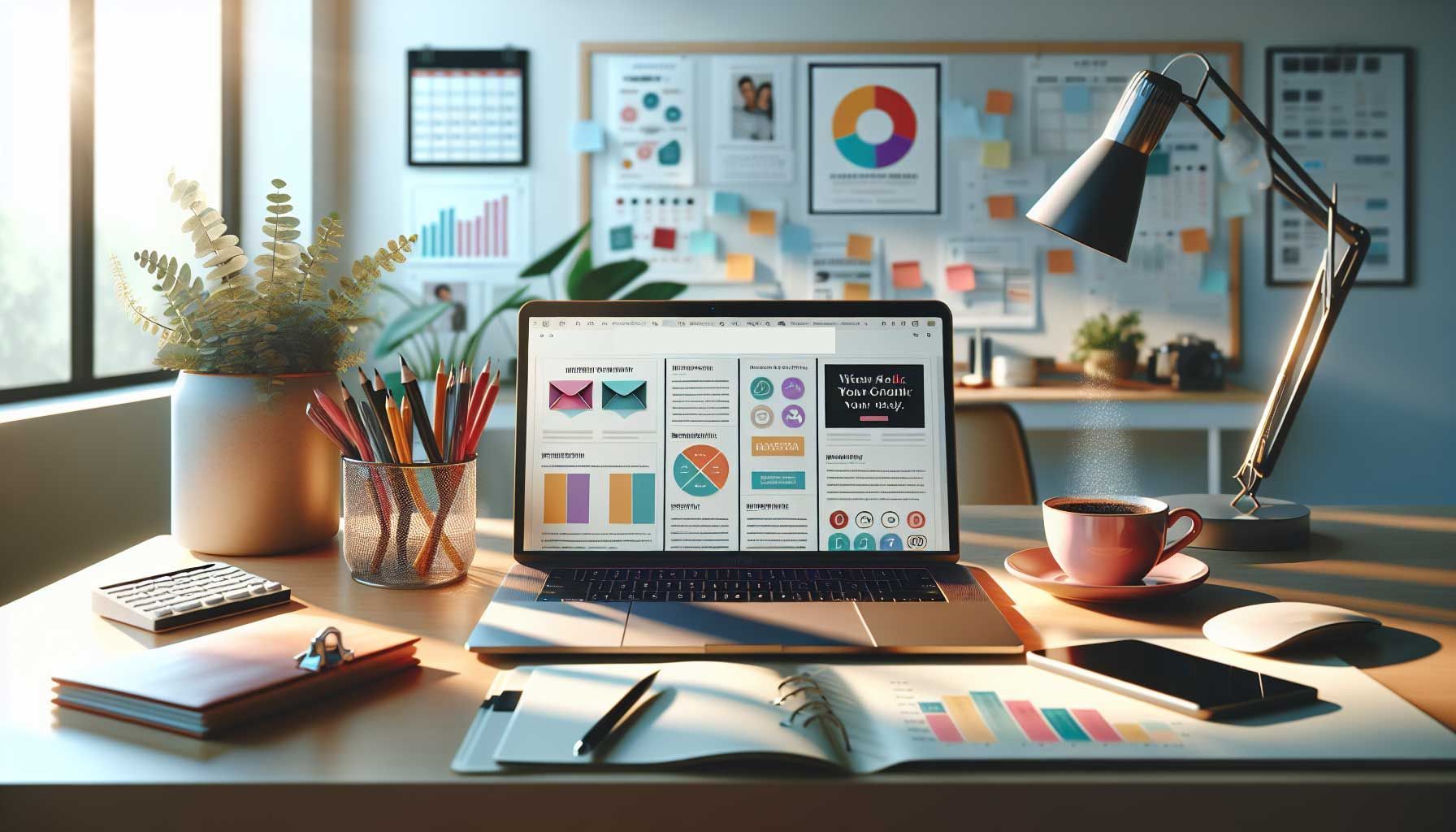 A visually engaging, photo-realistic landscape image depicting a workspace setting for newsletter creation. Featured elements include a modern laptop open to a colorful newsletter template, a cup of coffee, and a notepad with brainstorming notes. A potted plant adds a touch of greenery, while a calendar and digital analytics charts on a screen suggest strategic planning. The workspace is well-lit with natural light, conveying a sense of productivity and creativity, perfect for retailers and marketers looking to start their newsletters.