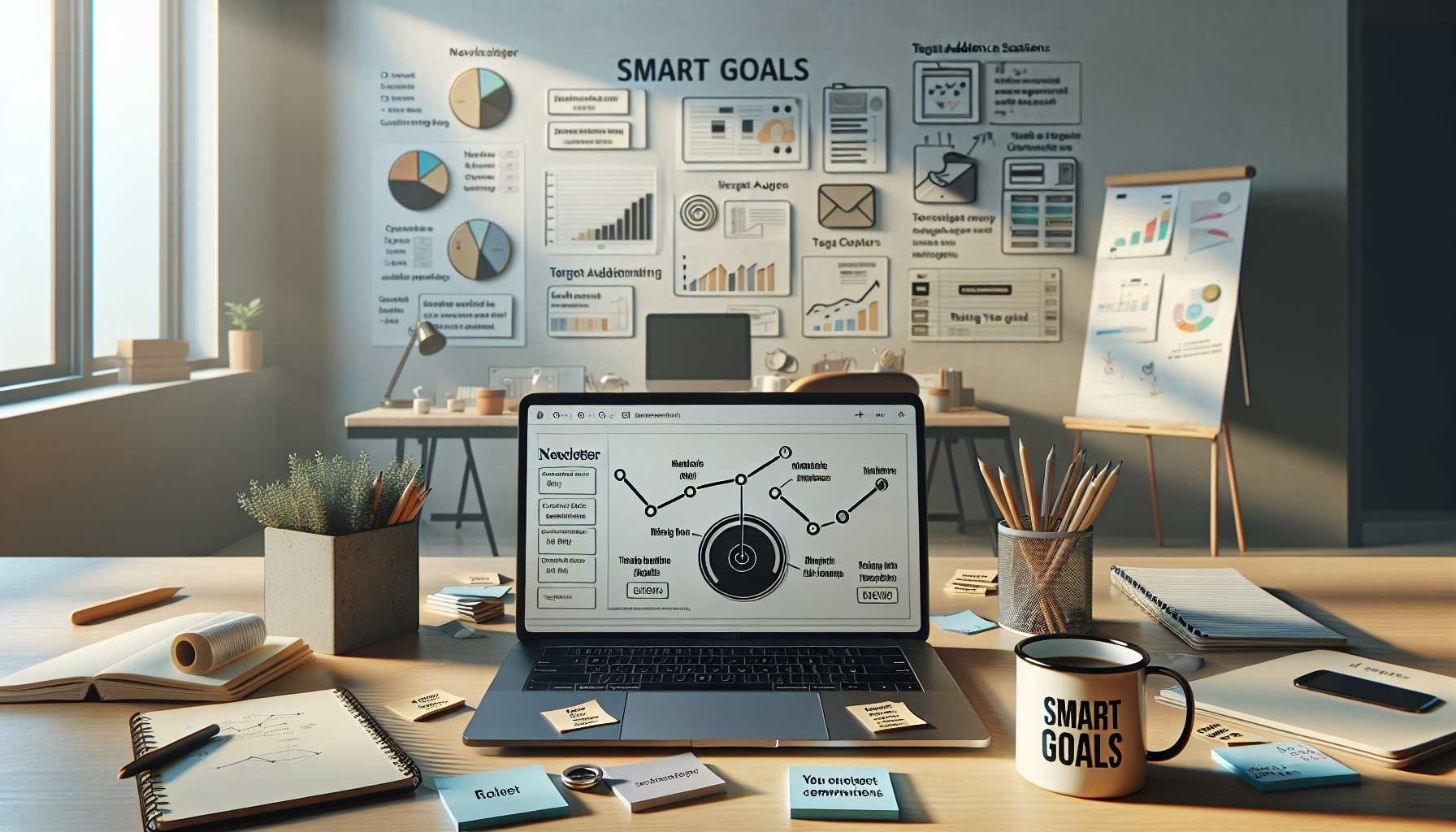 A modern workspace with a laptop open to a newsletter design platform, surrounded by notepads and sticky notes with SMART goals written on them. A coffee mug next to the laptop features a print of a graph showing upward trends. In the background, a whiteboard displays colorful charts and diagrammatic representations of target audience segments and campaign metrics. Soft natural lighting illuminates the scene, giving a productive and focused atmosphere, perfect for retailers and marketers defining newsletter goals.