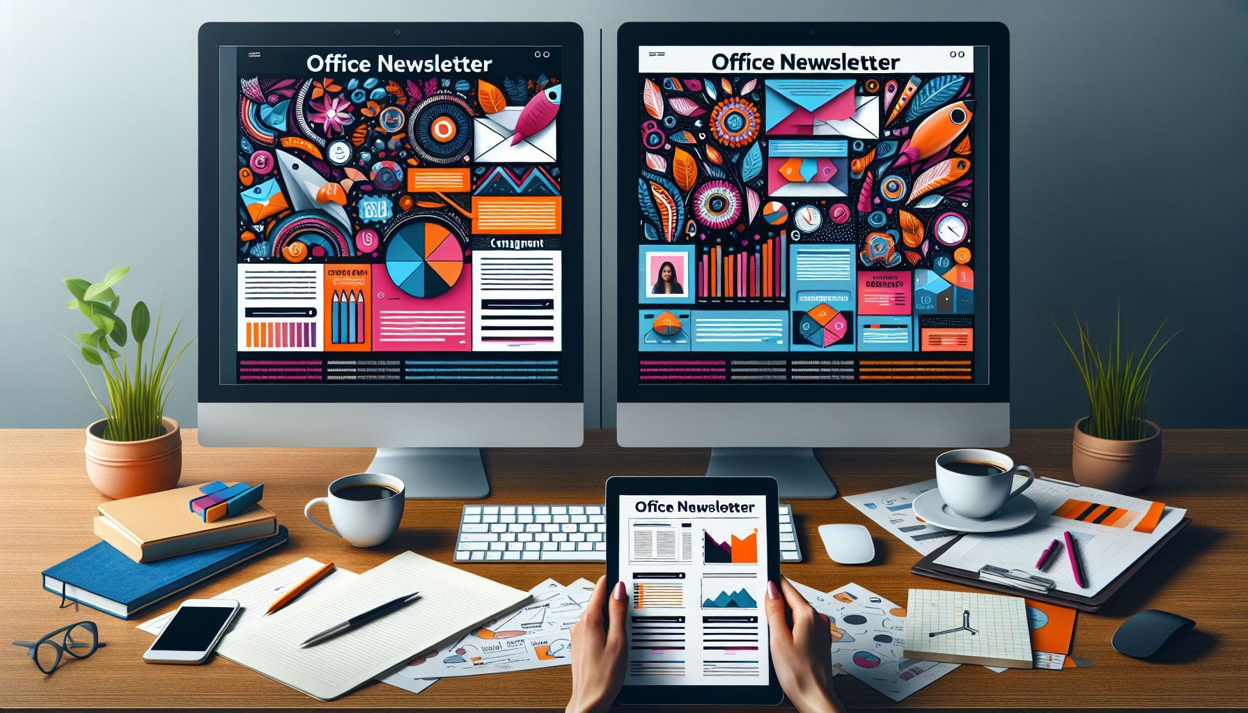 A vibrant and engaging landscape image depicting a split-screen concept of two different newsletter designs in an office setting. On one side, a colorful and eye-catching newsletter layout with a prominent call-to-action button and engaging subject line, while on the other, a more minimalistic and simple design. Both designs should be displayed on modern computer screens with a marketer analyzing engagement metrics on a tablet and taking notes. The background should include elements like notepads, coffee cups, and brainstorming sketches, conveying a creative and data-driven environment, all presented in a photo-realistic style.