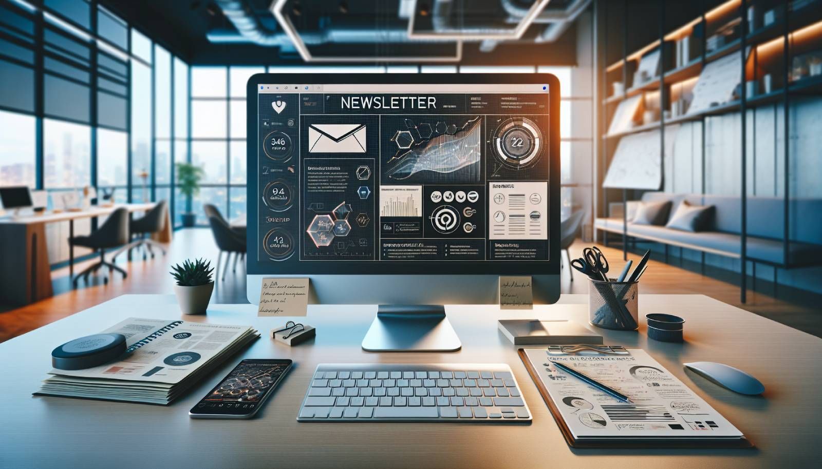 A modern office workspace with a computer displaying a beautifully designed newsletter template on the screen, surrounded by essential tools for newsletter creation: a notepad with a content plan, a smartphone showing email analytics, and software icons like Mailchimp and Canva visible on the monitor. The scene is bright, organized, and reflects a professional atmosphere suitable for retailers, marketers, and webshop owners, illustrating the process of crafting effective newsletters.