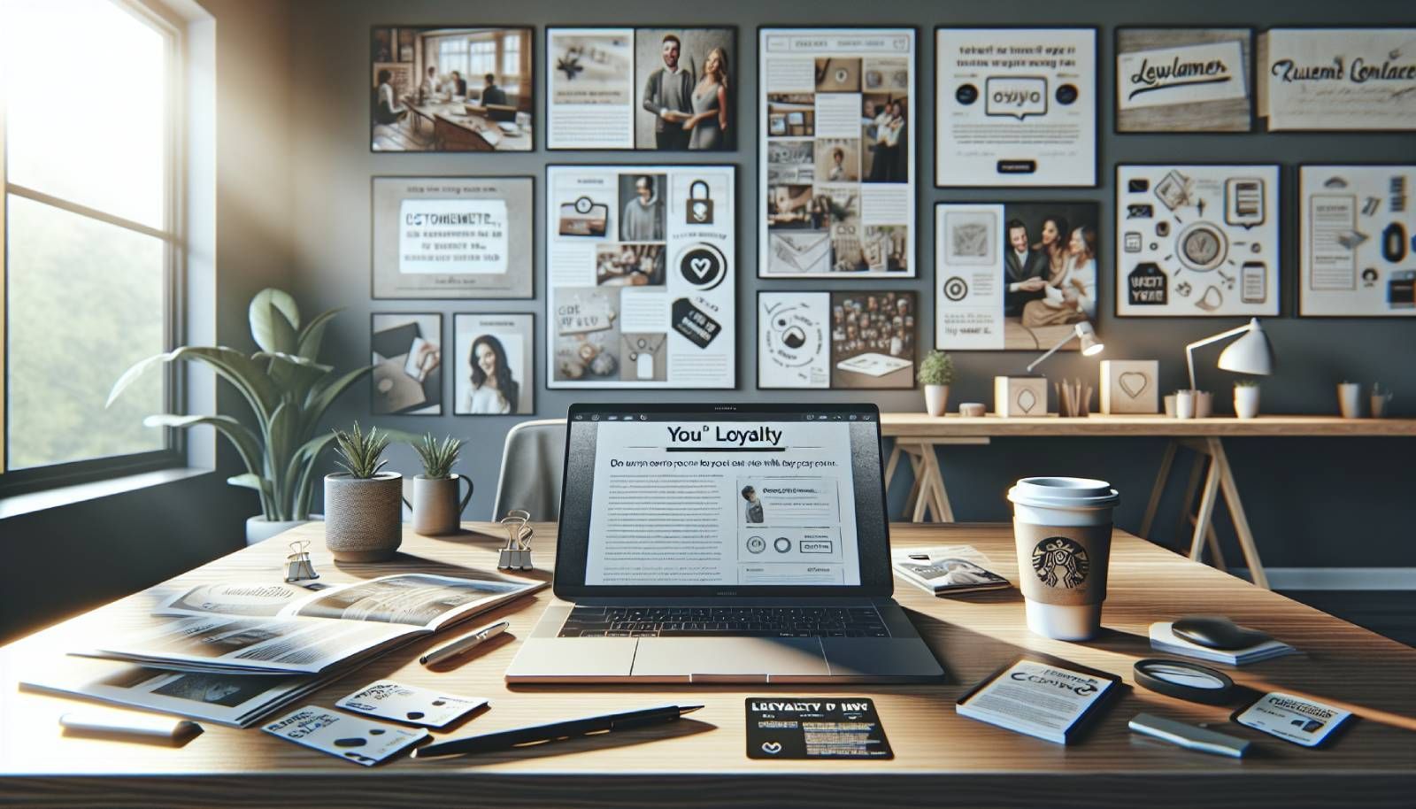 A photo-realistic landscape image depicting a modern office workspace with a laptop open on a desk displaying an attractive newsletter design. Surrounding the desk, there are items that represent customer loyalty, such as loyalty cards, a coffee cup with a logo, and a notepad filled with notes. Natural light filters through a window, illuminating a wall filled with customer testimonials and images depicting a sense of community and connection. The overall ambiance is professional and inviting, perfect for retailers, marketers, and webshop owners.