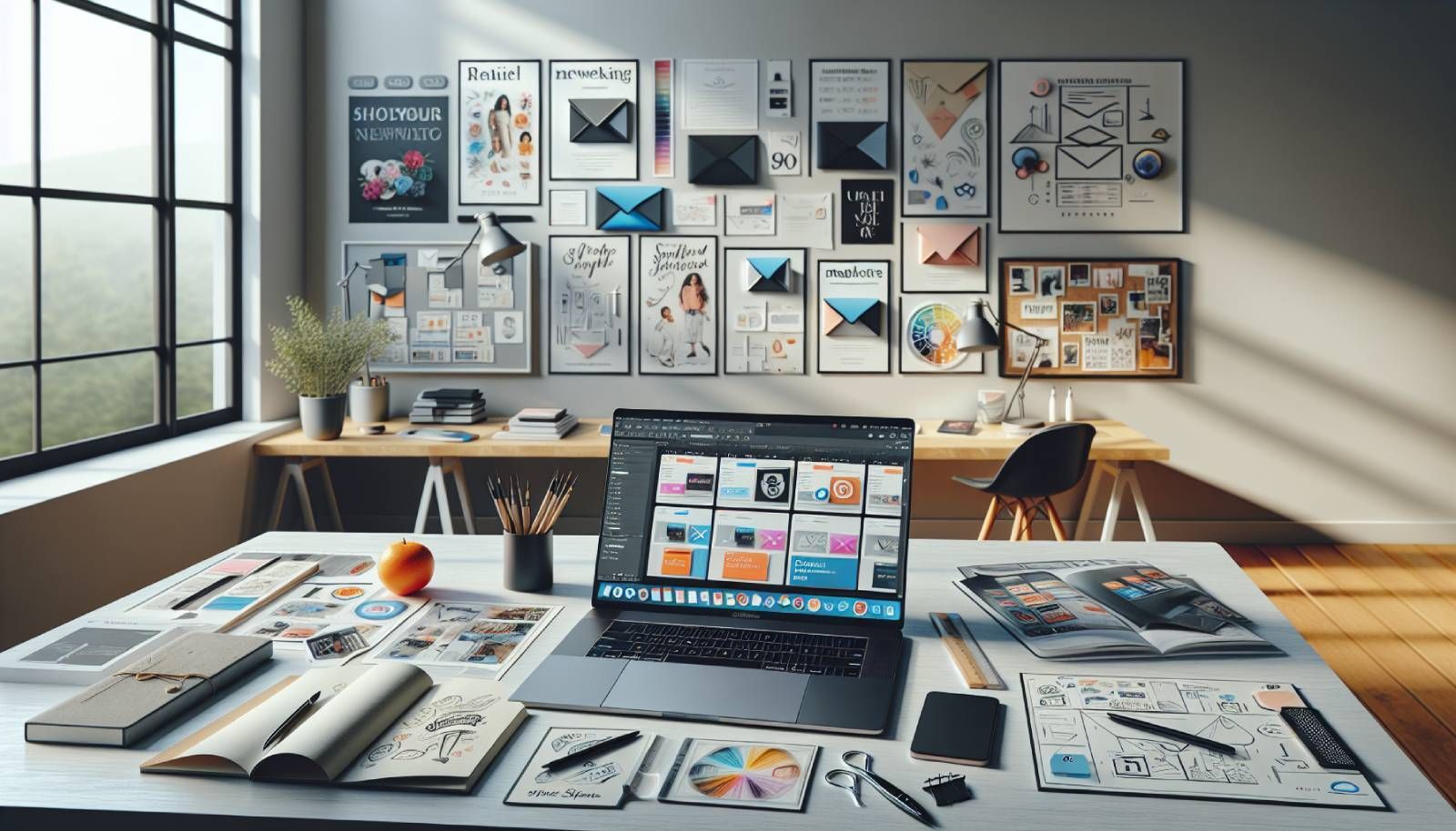 A professional and sleek workspace setup featuring a laptop displaying an open email newsletter design software with colorful templates, various design tools scattered around, and a notepad with design concepts sketched out. In the background, a wall with printed examples of beautifully designed newsletters and branding elements related to retail and marketing. Soft natural light streaming in through a window, creating a productive and inspiring atmosphere for retailers and marketers.